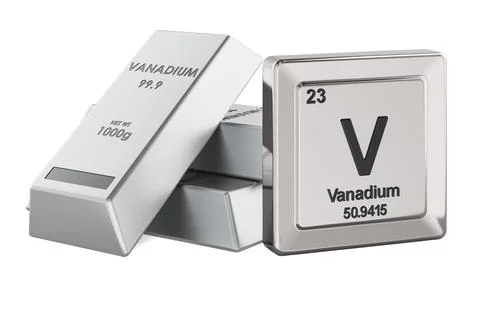 Vanadium metal ingots with periodic table V element tile. 3D rendering Illustrazione stock