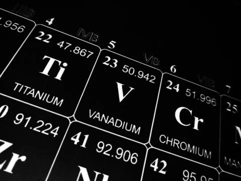 Vanadium on the periodic table of the elements Stock Photos