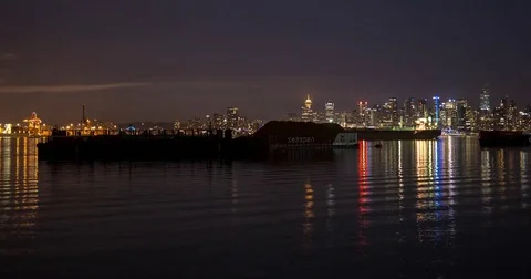 Vancouver, BC, Canada - harbor and illuminated city - Timelapse pan right Stock Footage 75285044