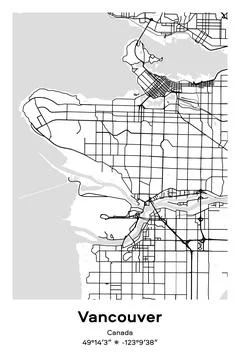 Vancouver, Canada - vector map of city in Black, white, gray, BW colors Stock Illustration