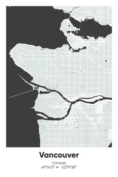 Vancouver, Canada - vector map of city in Gray, Black, White, BW colors Stock Illustration