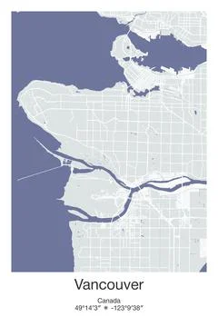 Vancouver, Canada - vector map of city in Gray, Blue, Green, White colors Stock Illustration