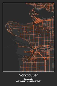 Vancouver, Canada - vector map of city in Gray, Black, Orange colors Stock Illustration