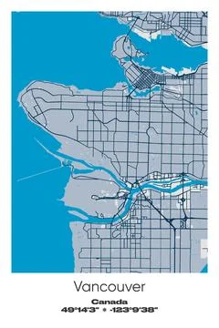 Vancouver, Canada - vector map of city in Blue, Gray, Yellow, Olive colors Stock Illustration
