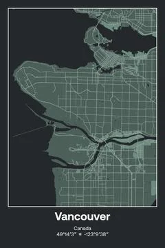 Vancouver, Canada - vector map of city in Dark gray, Gray, Green, gray-green col Stock Illustration