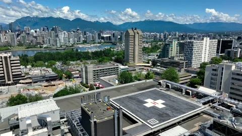 Vancouver General Hospital rooftop helipad overlooking city skyline