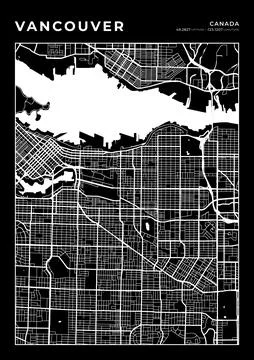 Vancouver Map Wall Art Frame, Cartography Map Print, City Layout Map Stock Illustration