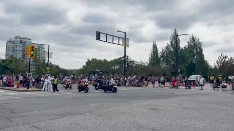 Vancouver Pride Parade motorcycle procession start wide shot Stock Footage 332579044