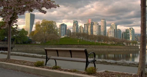 Vancouver Skyline at Dusk from Path with Bench Video stock 129860111