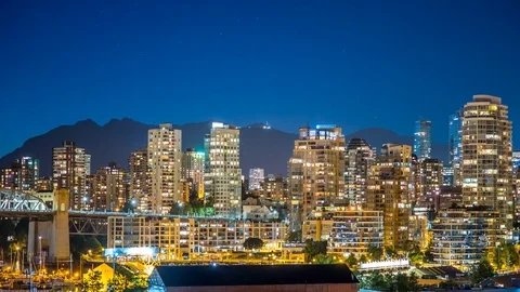 Vancouver skyline at night time lapse with mountains 4k 1080p Stock Footage 78120908