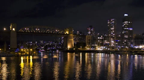 Vancouver Time Lapse at night. Burrard Bridge and Boats. Stock Footage