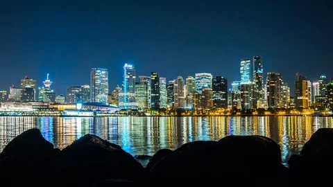 Vancouver time lapse at night of skyline and ocean 4k 1080p Stock Footage 78120901