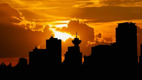 Vancouver: Time Lapse at Sunset with Red Sun, Fiery Sky, and Skyline of Downtown Stock Footage 149257370