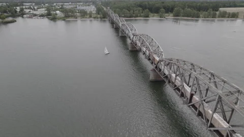 Vancouver Washington Rotating Bridge Train Drone Flyby Stock-Footage 206227662
