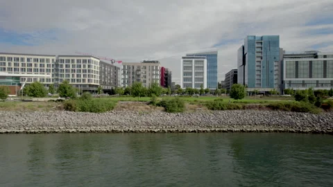 Vancouver Waterfront Drone Angled Pan Left Mid Stock Footage 250710312