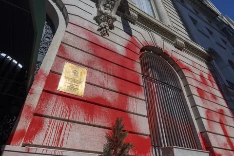 Vandalized facade of Consulate General of the Russian Federation in New York Stock Photos