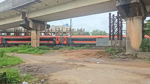 ​A Vande Bharat Express train, with its distinctive orange and grey livery Stock-Footage 317777844