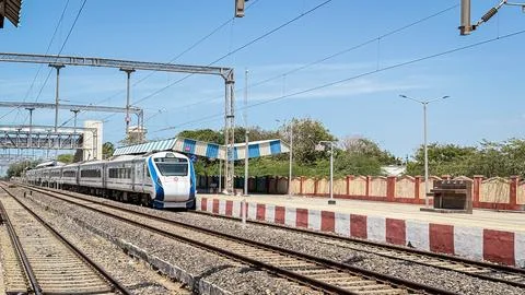 Vande Bharat Express Train parked at Railway Station Platform Stock Photos