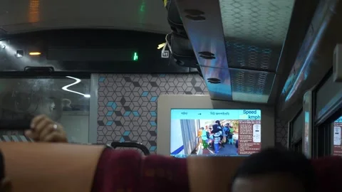 Vande Bharat Express train television screens show passenger information Stock Footage 295837647