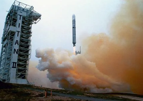 VANDENBERG AIR FORCE BASE, CALIF. -- A Titan II rocket hurtles above the l... Stock Photos