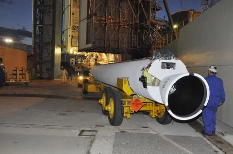 VANDENBERG AIR FORCE BASE, Calif. A solid rocket motor, or SRM, for NASA s... Stock Photos