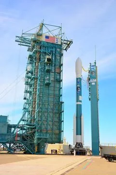 VANDENBERG AIR FORCE BASE, Calif. The mobile service tower rolls toward th... Stock Photos
