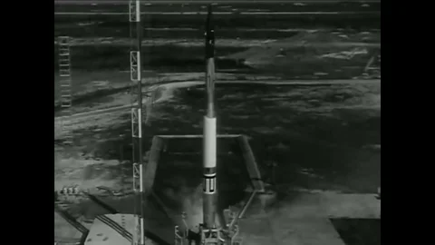 A Vanguard rocket explodes on a launchpad and aerospace engineer Wernher von Stock Footage 94006589