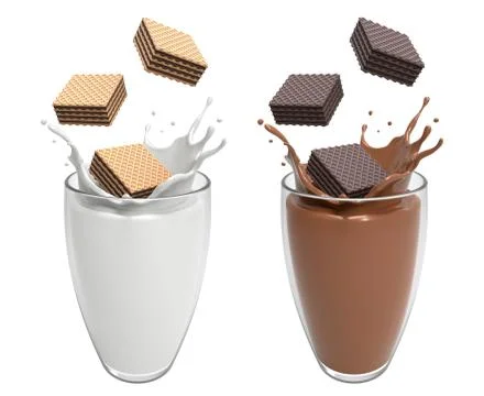 Vanilla and Dark Wafer chocolate square falling in glass match well with Milk Stock Illustration