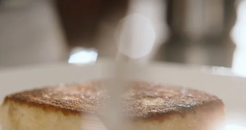 Vanilla ball of ice cream is placed on the toast. Slow Motion Video Stock Footage 113865240
