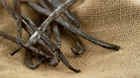 Vanilla beans falling on burlap texture in slow motion.  Shot on Phantom Flex 4K Stock Footage 130359546