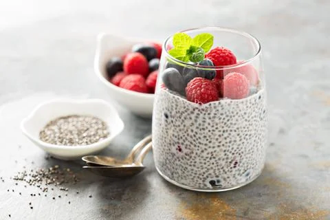 Vanilla chia pudding with fresh berries Stock Photos