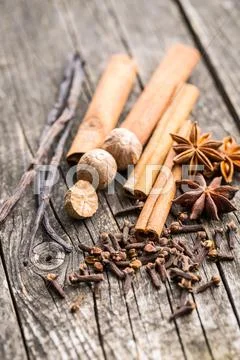 Vanilla, cinnamon, clove, nutmeg and anise star. Stock Photos