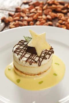 Vanilla dessert with custard, chocolate and star-shaped biscuit. Stock Photos