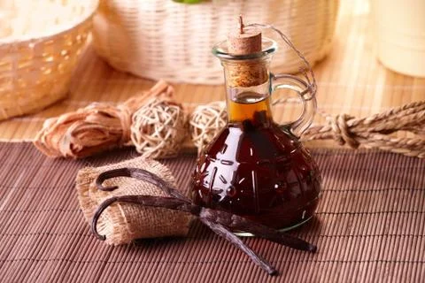 Vanilla extract and beans Stock Photos