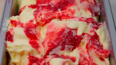 Vanilla ice cream with raspberry syrup. Ice cream ice cream concept. Stock Footage 279417641