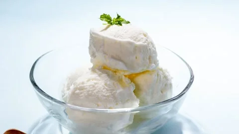Vanilla Ice Cream Scoops, Glass Bowl, Close-Up Stock Footage 340899208