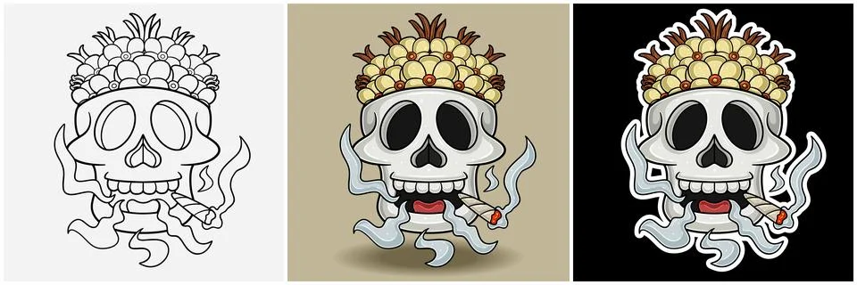 Vanilla Inside Skull Head With Smoking Character Cartoon. Black White, Colo.. Stock Illustration