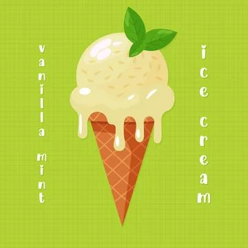 Vanilla mint ice cream in waffle cone vector illustration Stock Illustration