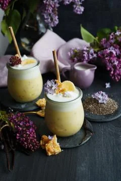 Vanilla pudding with Chia seeds on a black background Stock Photos