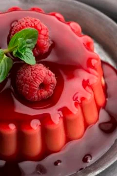 Vanilla pudding with raspberry and raspberry sauce Stock Photos