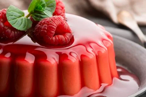Vanilla pudding with raspberry and raspberry sauce Stock Photos