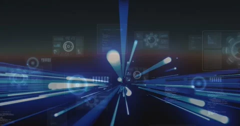 Vanishing point emitting beams, central tunnel expanding, forming HUD panels Stock Footage 329749915