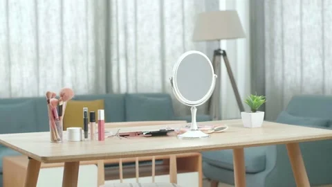 A Vanity With Many Cosmetics And Mirror Is In A Room At Home Stock Footage 218320767
