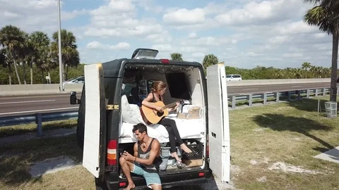Vanlife Couple Florida Keys Drone Pan Out Stock Footage 88963509