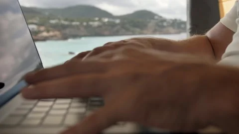 Vanlife remote work with keyboard in focus in a mobile workspace in nature Vidéo 291896827