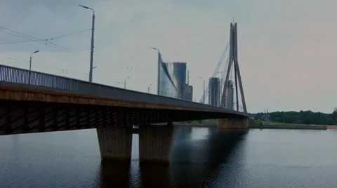 Vansu Bridge construction over Daugava River Stock Footage 39002080