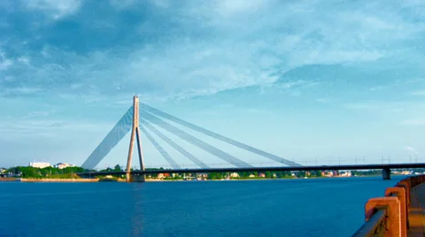 Vansu Bridge construction over Daugava River Stock Footage 39002104