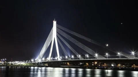Vanšu Bridge at Night: Stunning Time-lapse of Riga's Iconic Cable-Stayed Bridge 스톡 동영상 239647513