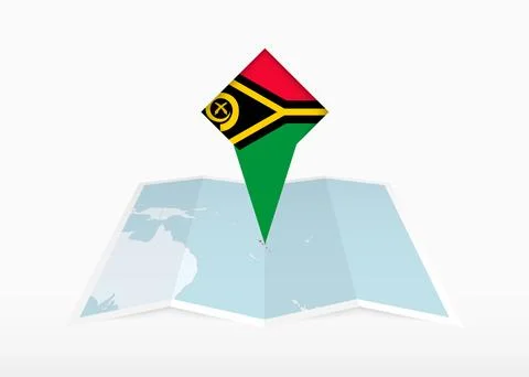 Vanuatu is depicted on a folded paper map and pinned location marker with f.. Stock Illustration