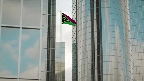 Vanuatu Flag 3D Render Animation on Pole with City Buildings Vídeo Stock 332313582